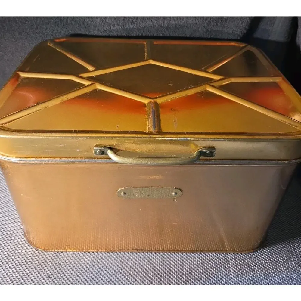 Vintage Copper Color Metal Bread Box Kitchen Storage Bin Hinged Lid 14